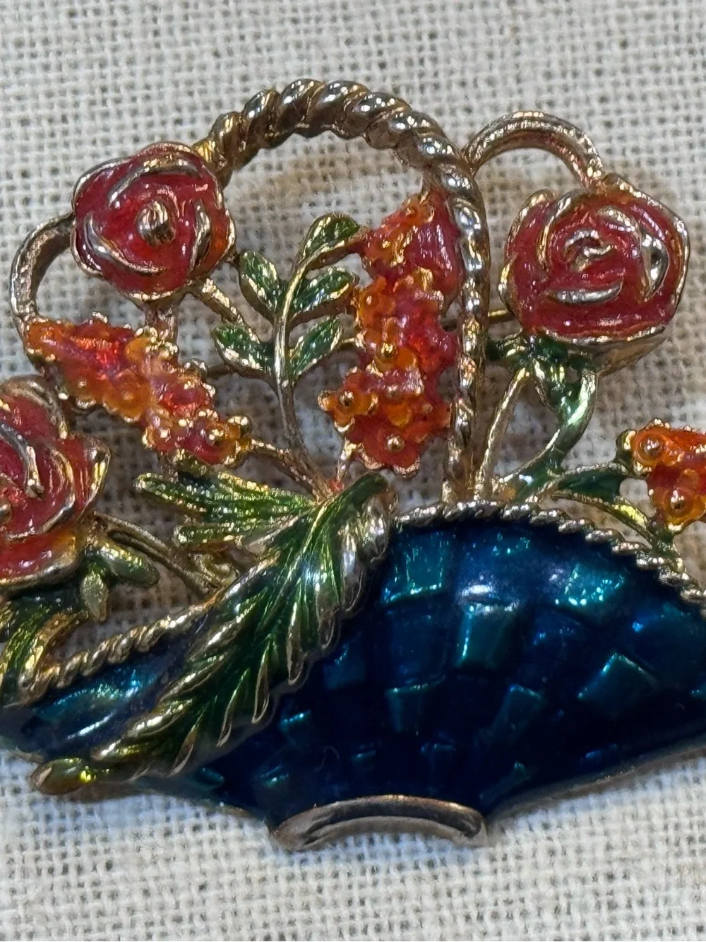 Vintage Blue Enamel Floral Basket Brooch Red Roses Flowers Gold Tone Pin
